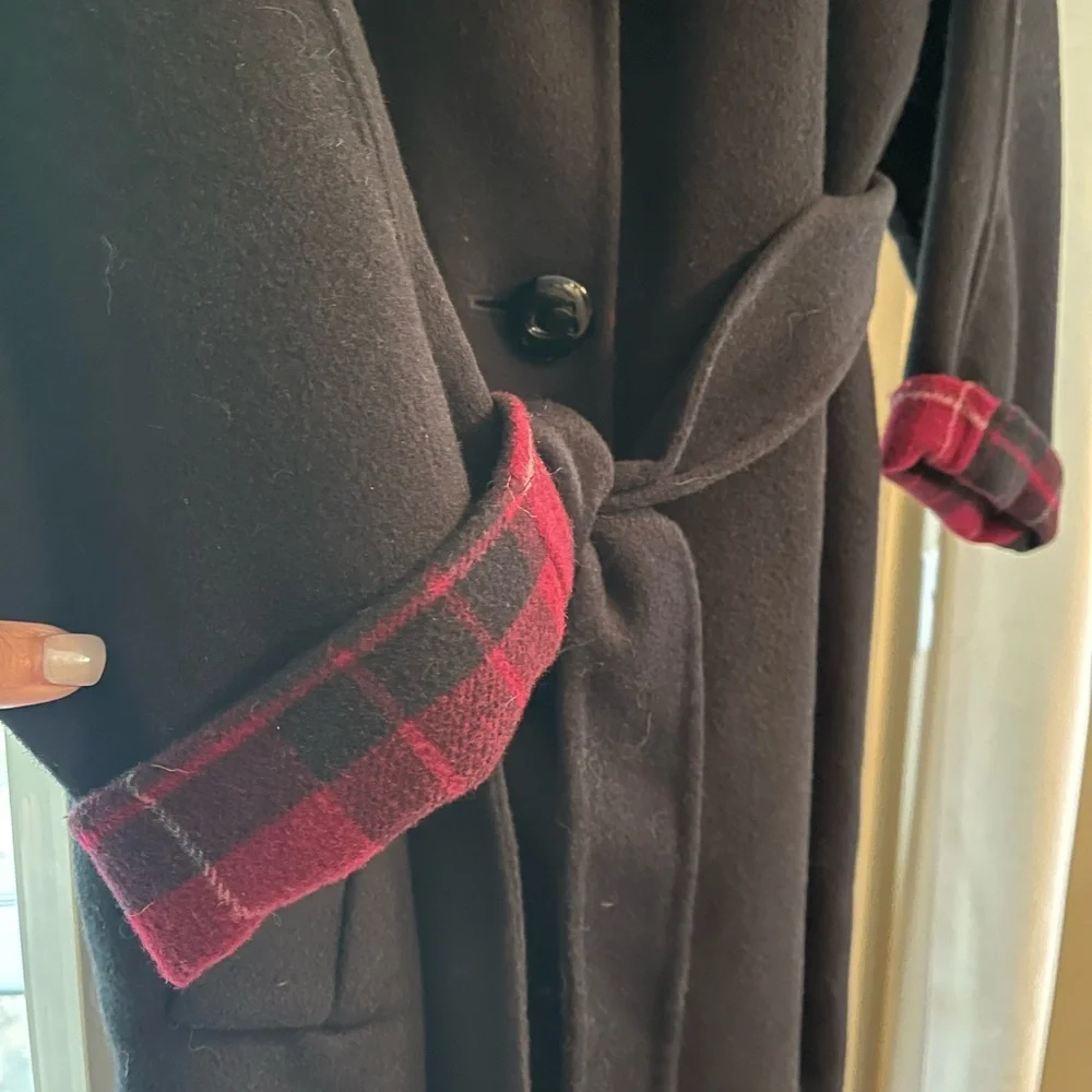 Women’s Coach Relaxed fit large Never Worn Wool Belted Trench Red Plaid Trim - Picture 10 of 11